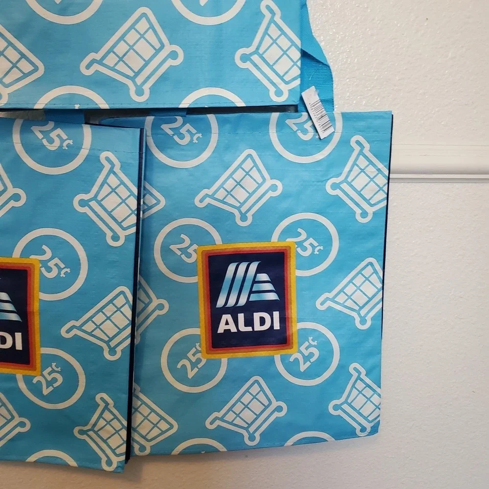 Aldi Reusable Grocery Shopping Bag Set of 4 Blue 25 Cent Cart Logo Totes NEW